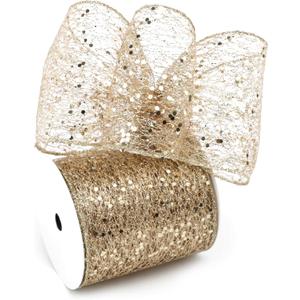 Champagne Gold Glitter Mesh Wired Ribbon 4" X 10 Yards Webbed Champagne Gold Sequin and Glitter Christmas Ribbon for Tree Decoration, Garlands and Swags, Home Decor, Craft Projects