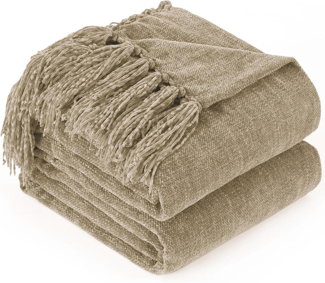 Chenille Throw Blanket for Couch with Tassels,60"X80" Soft Cozy Lightweight Knitted Boho Decorative Blankets for Bed and Sofa,Taupe