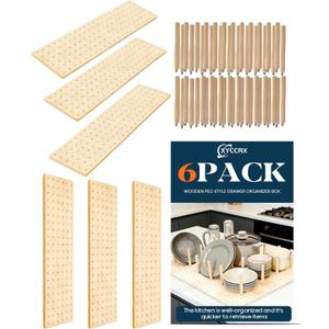 6Pack 2 Adjustable Sizes of Wooden pegboard Drawer Storage Boxes, Drawer Organizer with pegs Suitable for Adjustable Storage Boxes for pots, Pans, Tableware and Plates in The Kitchen