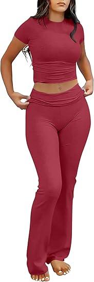 ANRABESS Lounge Sets for Women 2 Piece Foldover Yoga Flare Leggings Pants Crop Tops Casual Y2K Outfits Matching Tracksuit Set Burgundy X-Small
