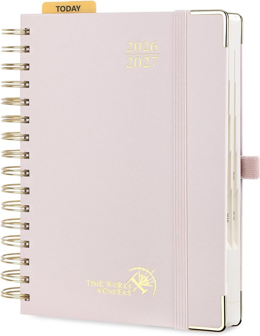 POPRUN 2026-2027 Daily Planner One Page Per Day, 5.75" x 8.5", Academic Daily Calendar Book with July 2026 to June 2027, Hardcover Appointment Book with Hourly Time Slots, Spiral Bound, Monthly Tabs - Light Pink