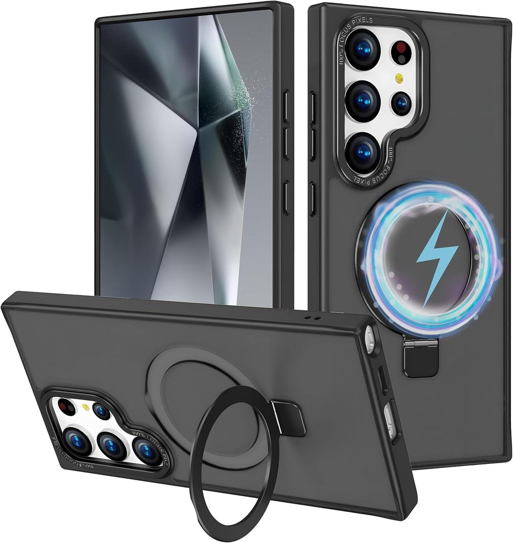 Kickstand Case for Samsung Galaxy S24 Ultra Magnetic Case with Invisible Stand [Compatible with MagSafe] [Military Drop Protection] Matte Hard Back Soft Silicone Edge Slim Phone Case Cover (Black)