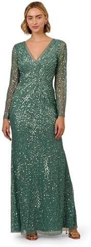 Adrianna Papell Women's Long Sleeve Bead Long Dress, 10