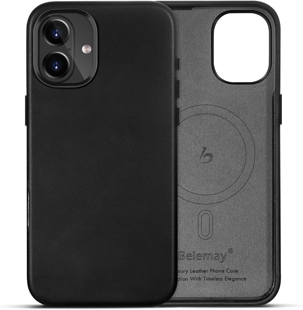 Belemay Compatible with iPhone 16 Leather Case, Compatible with MagSafe, Premium Full-Grain Vegetable-Tanned Smooth Leather, Metal Buttons & Camera Bump Frame, Classy Luxury Phone Cover (6.1") Black