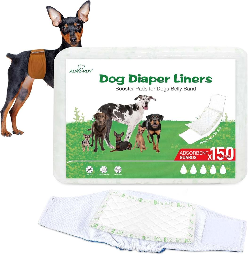 Dog Diaper Liners 150ct Super Absorption Dog Diaper Booster Pads Disposable Leak-Proof for Female and Male Fit Most Reusable Belly Bands,Wraps and Period Diapers(Regular, S-150ct)