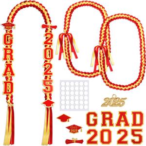 Yinkin Graduation Ribbon Leis Set Class of 2025 Handmade Double Braided Necklace Adjustable Includes Silk Leis Grad Cutouts 2025 Pendant for Graduation Party Accessories(Red, Gold)