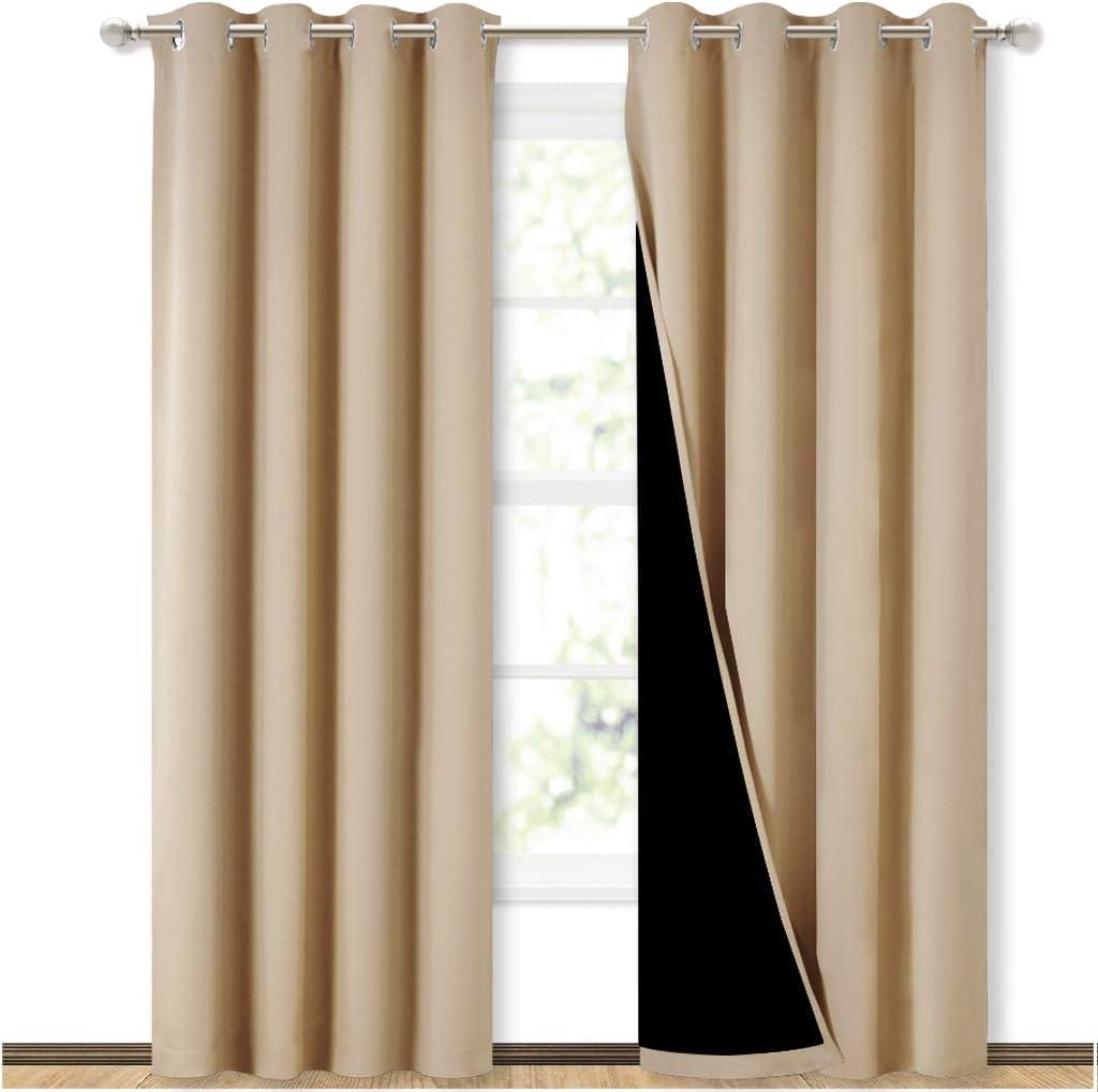 NICETOWN Living Room Completely Shaded Draperies, Privacy Protection & Noise Reducing Ring Top Drapes, Black Lined Insulated Window Treatment Curtain Panels (Biscotti Beige, 2 Pieces, W52 x L84)