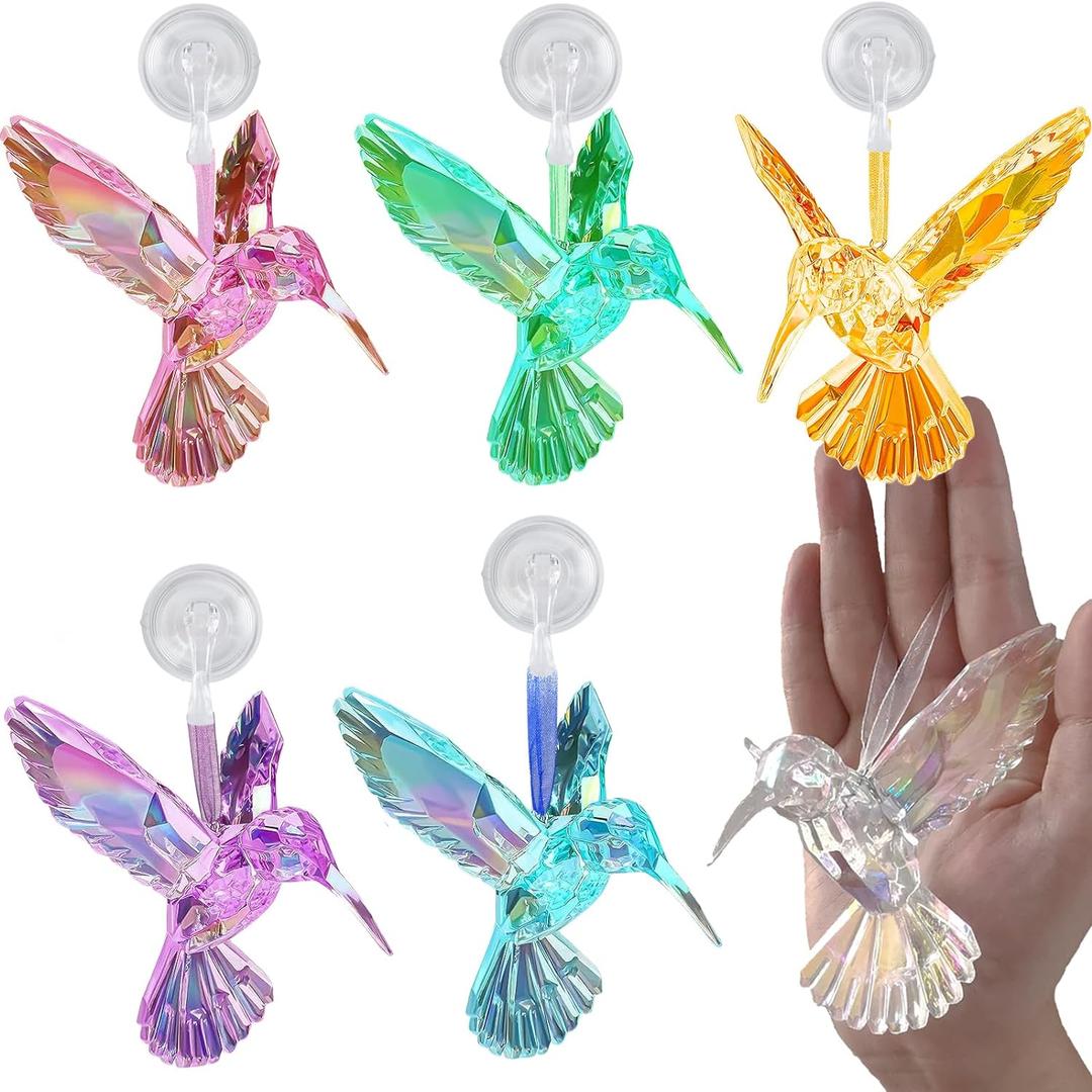 6 Pcs in 6 Colors Set Shiny Iridescent Hummingbird Hanging Ornaments with Suction Cup, Clear Acrylic Crystal Art Hummingbird Figurines Pendants Decorations for Christmas Xmas Tree.