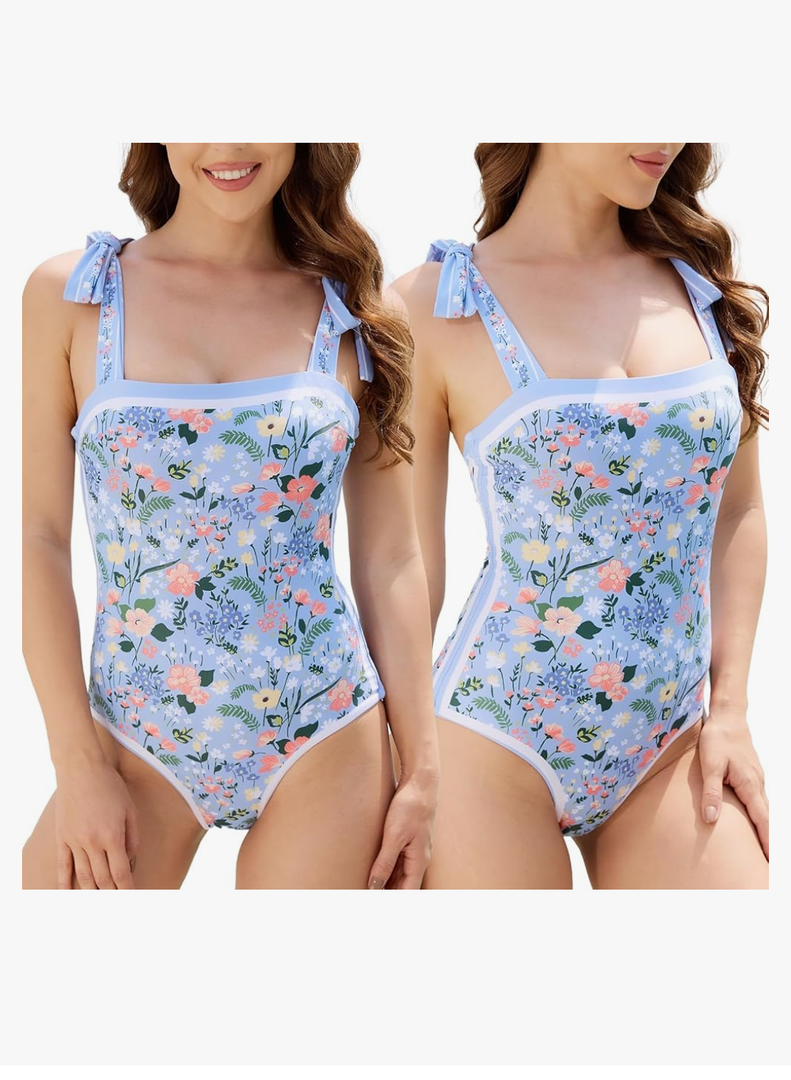 Reversible Floral One Piece Swimsuit for Women Double-Sided Bathing Suit Adjustable Straps & Built-in Padding Swimwear,L