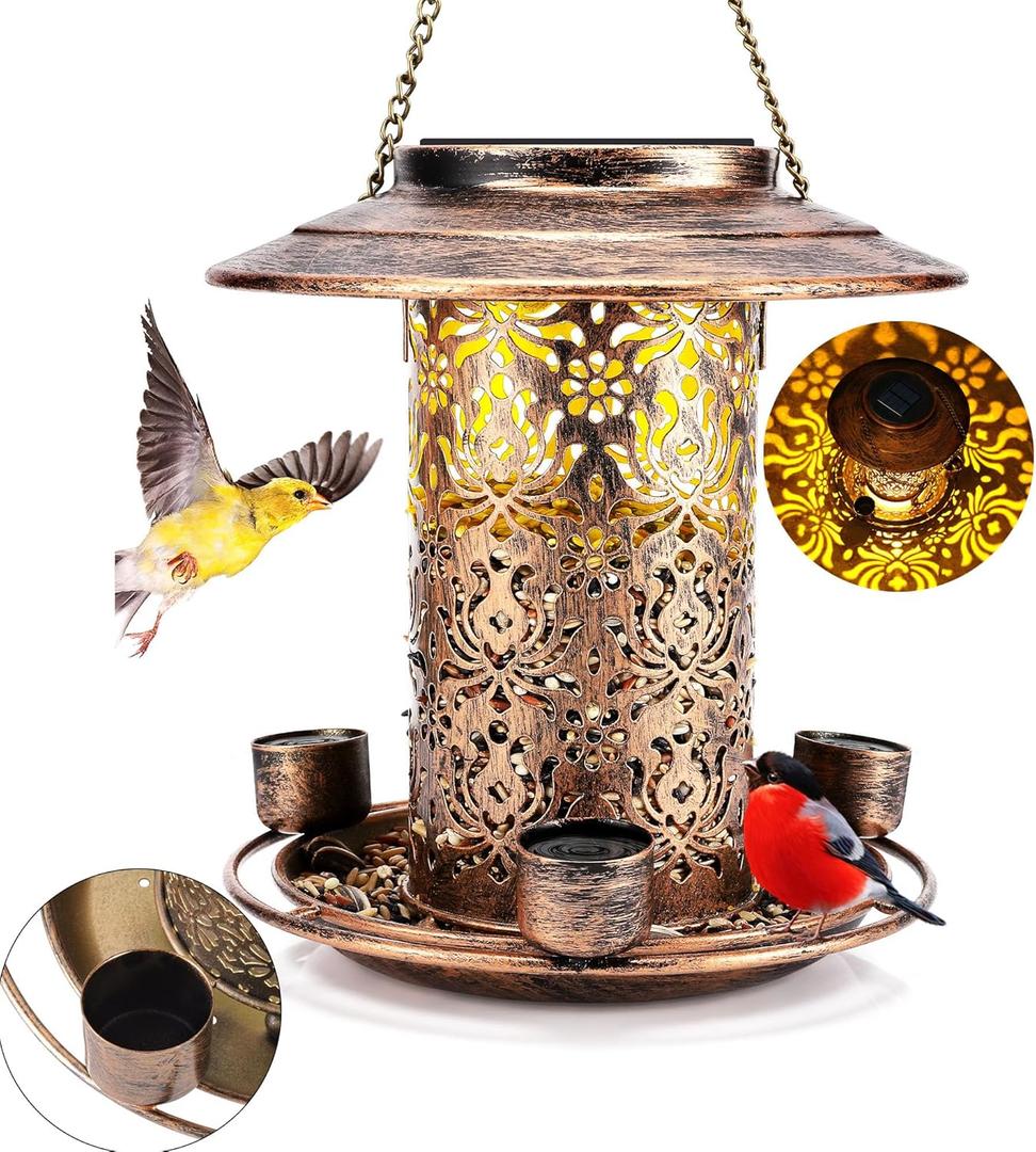 Solar Bird Feeders for Outdoors Hanging Bring Three Water Cups - Premium Grade Metal Wild Bird Feeders, Chew-Proof, Weather and Water Resistant Bird feeders, Outside and Garden Decoration (Bronze)