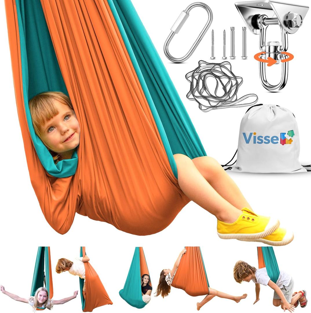 Sensory Swing for Kids Indoor Outdoor - Calming Cocoon Therapy Swing, Holds 300lbs - Hug-Like Sensory Hammock with 360 Swivel Hardware for Autism, ADHD, SPD Support (Orange/Teal)