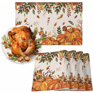 Fall Thanksgiving Placemats Retro Pumpkin Leaves Place Mats for Dining Room Dinner Table Mushroom Bird Plant Washable Table Mats Kitchen Decorations Set of 6 (Orange Light Beige)