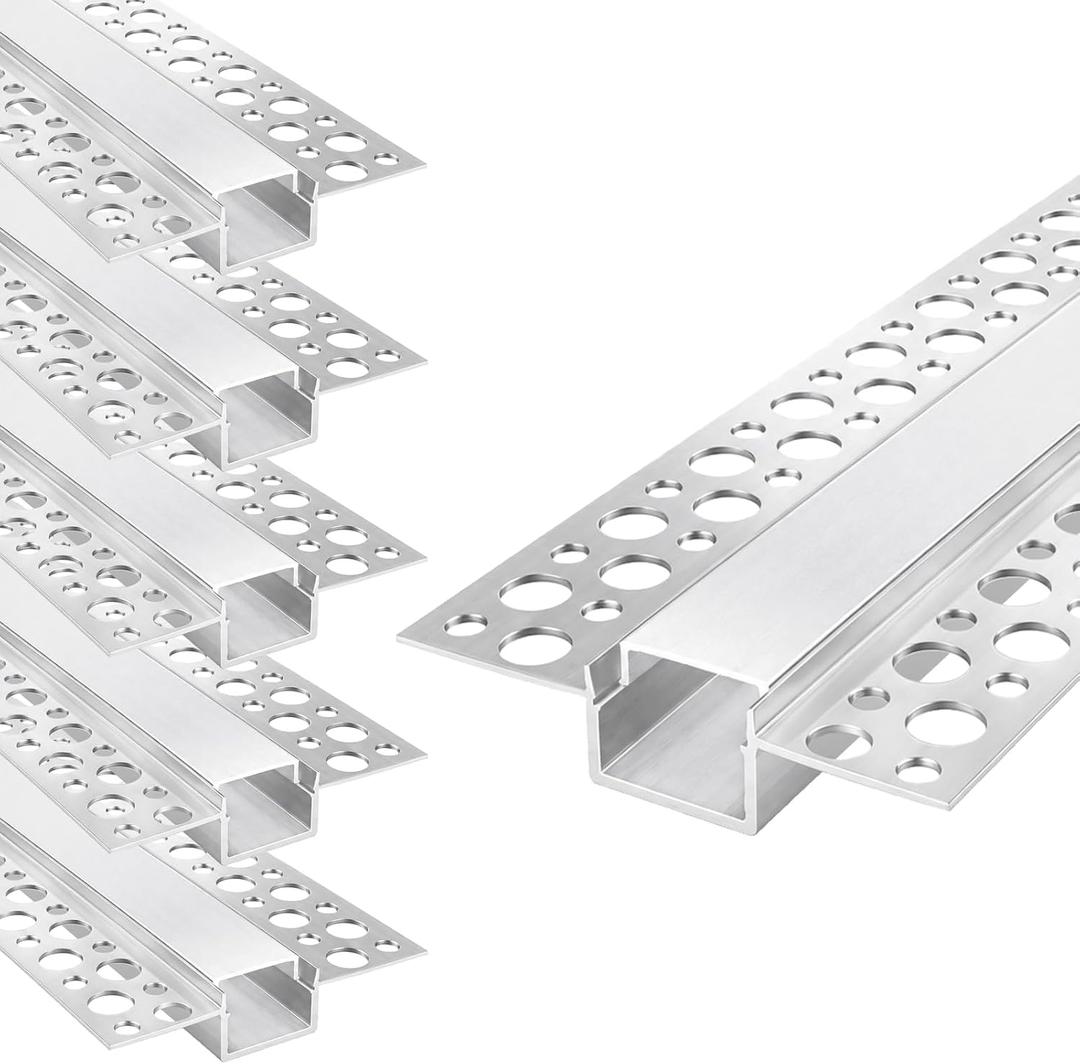 Plaster-in Double Edge Recessed LED Aluminum Channel 6 Pack, 3.3FT/1M Trimless LED Strip Diffuser Profile with Milky Cover for Drywall Ceiling and Wall, Fits up to 12mm LED Strips