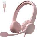Wired Headphones with Mic USB Headset with Noise Cancelling Microphone, Computer Headsets with Microphone for Home Office (Pink)