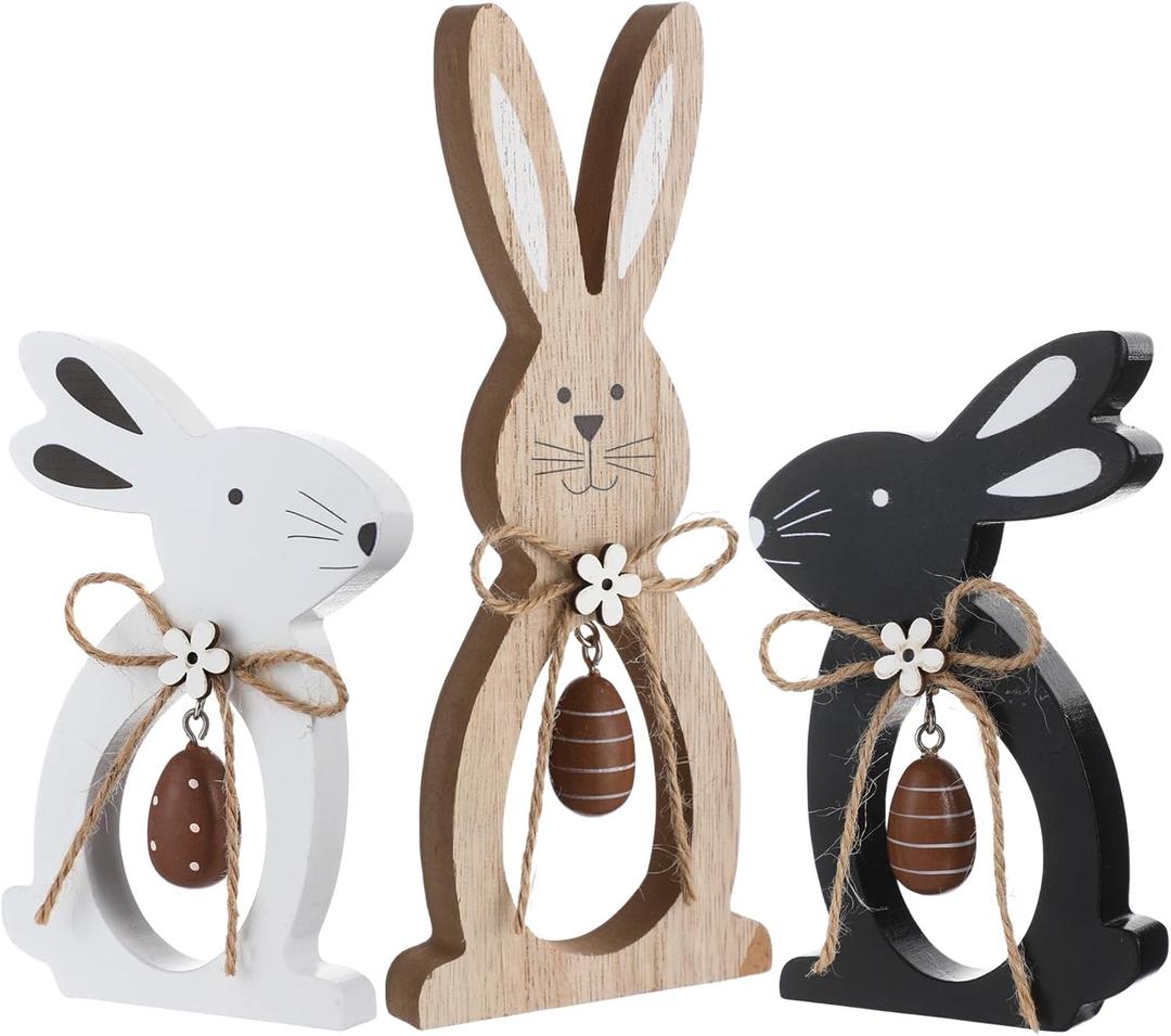 Capoda 3 Pack Easter Wooden Bunny Table Decorations Farmhouse Easter Tiered Tray Decor Bunny Signs Tabletop with Egg Rustic Table Centerpiece Rabbit Decor for Home Office Party Gifts