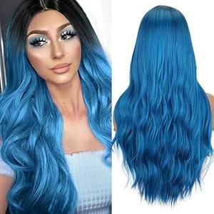 Dark Blue Wavy Long Wigs for Women Natural Curly Middle Part with Light Blue Highlight Hair Heat Resistant Synthetic Wig for Halloween Cosplay Use