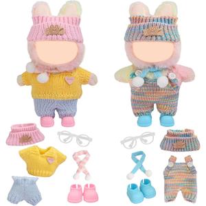 2 x 17cm Doll Clothes - 10PCS Cute Dolls Clothes and Shoes,Hat, 6.7 Inches Woolen Crochet Suit,Strap Jumpsuit, with Scarf Glasses - Adorable Pink Blue Dolls Accessories (NoDoll) (10 Piece Set - Mixed)