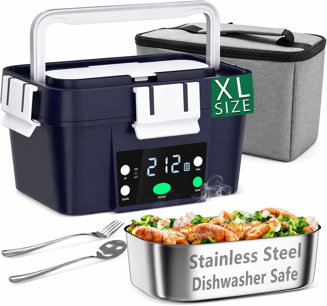 Portable Electric Lunch Box, Containing a 20,000mAh Battery Powered,1.6L Stainless Steel Inner Liner & Leak-Proof Cap Cordless Lunch Box with Scheduled Heating for Insulated/Heating (Navy Blue)
