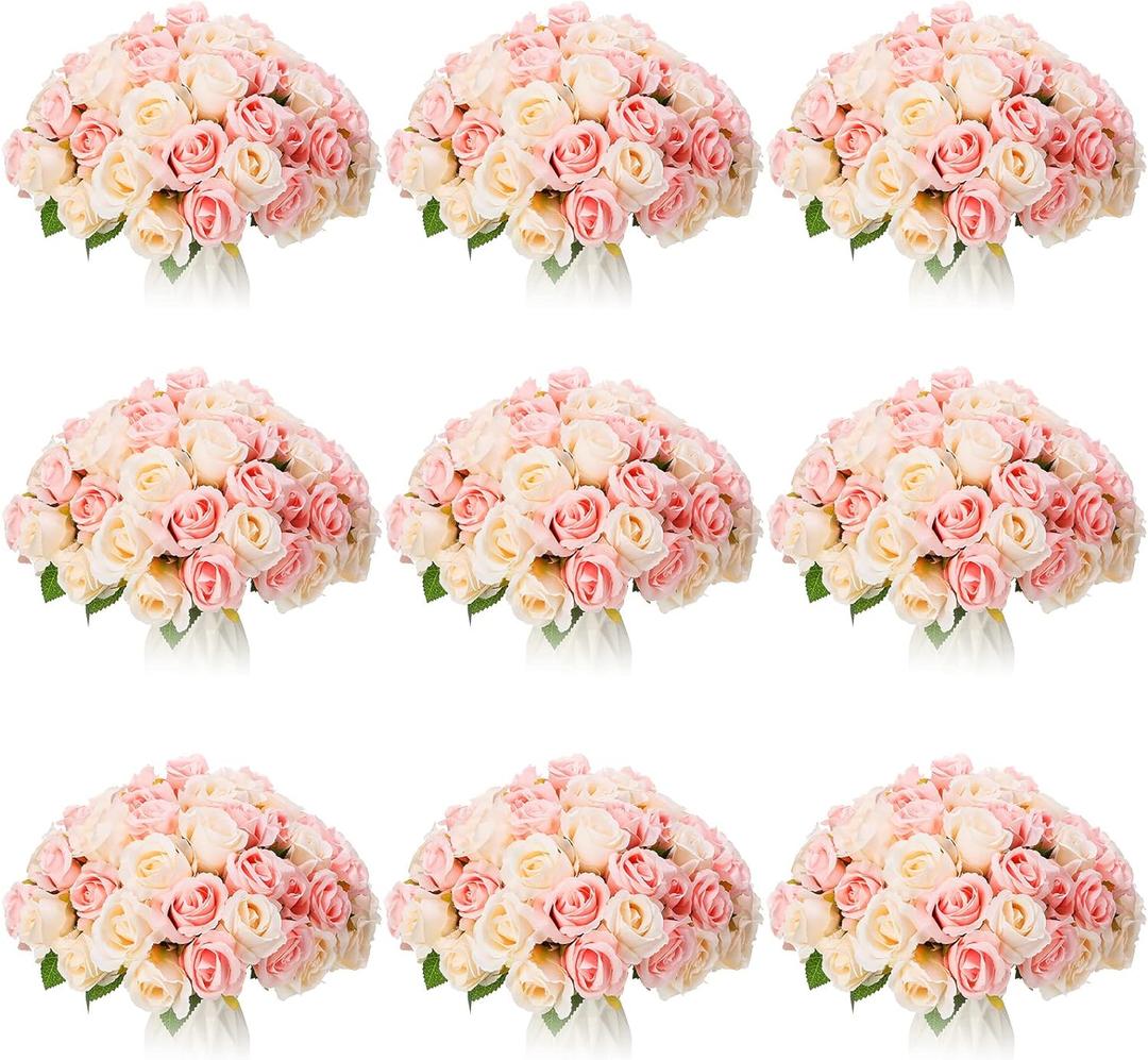 Jexine, 10 Bouquets Artificial Rose Flowers, 120 Pcs, Pink and White, Silk, DIY Bride, Home, Wedding Party Decorations
