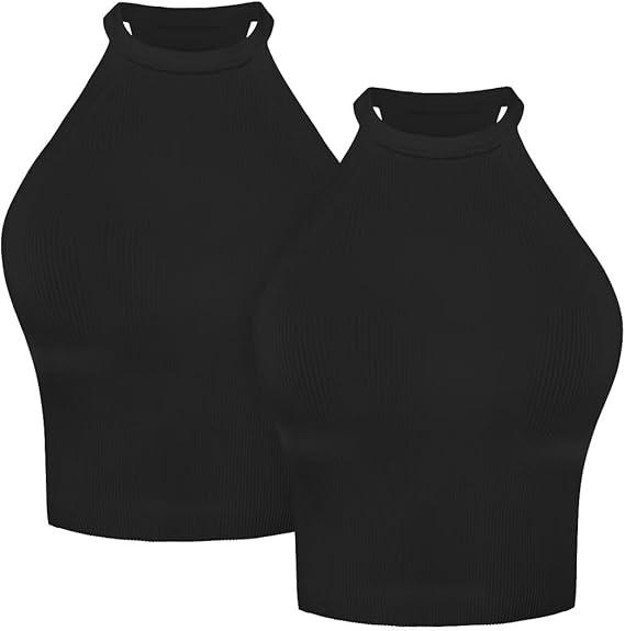 Sunzel Ribbed Tank Tops for Women, Halter High Neck Seamless Cute Crop Top, Basics Sleeveless Workout Athletic Yoga Shirts (X-Small, Beige+coffee Brown (Crop) 2 Pack)