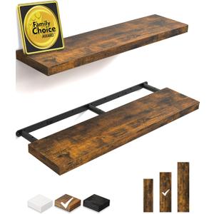 BAYKA Floating Shelves, 36 inch Wall Mounted Rustic Wood Shelves for Bathroom, Bedroom, Living Room, Kitchen, Office, Hanging Shelf for Books/Storage/Decor (Rustic Brown, Set of 2)