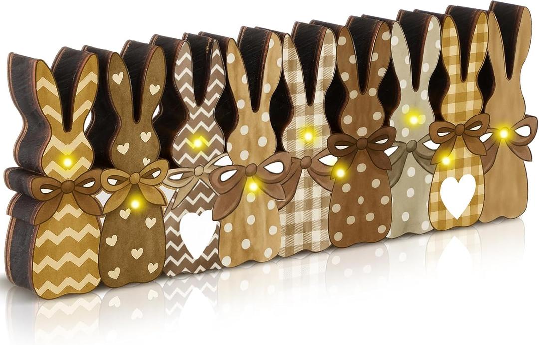 Yousoontic Rustic Easter Bunny Decor with LED Lights, 9-piece Wooden Plaid Bunny Centerpiece, Farmhouse Vintage Brown Rabbit Sign for Mantel, Tiered Tray, Dining Table and Spring Home Decoration