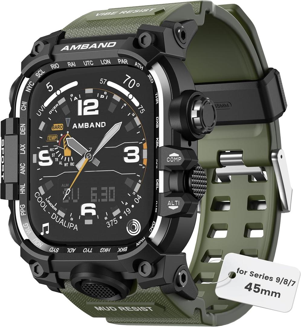 amBand for iWatch Bands Men 45mm Fits Apple Watch 9/8/7 Band, M3 Rugged Tough Case and Durable Protection Accessory for Gym Workouts or Outdoor Activities Like Running/Hiking/Cycling - Army Green