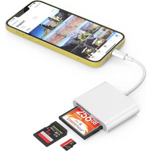 CF SD Card Reader for iPhone iPad, 3 in 1 Compact Flash Memory Card Reader Adapter, 3-Slot MicroSD CF SD Trail Game Digital Camera Viewer for iPhone 14/14 Pro/13/13 Pro No App Required (White&Grey (CF+SD+TF for Lightning))