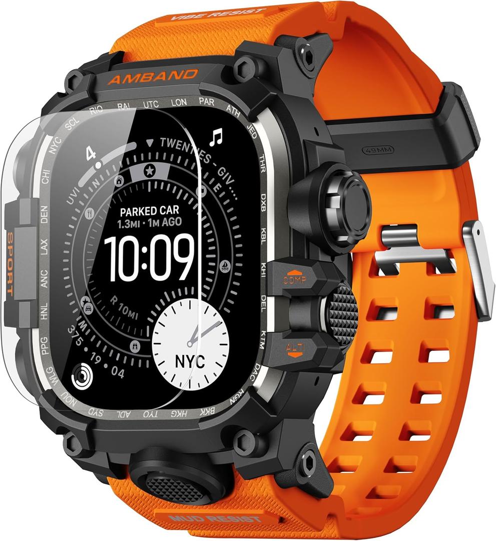 amBand Rugged Case with Band for Apple Watch Ultra 3/2/1 49mm, M3 Military Grade Shockproof Cover, Includes Screen Protector Kit, Tactical Band for Men - Compatible with iWatch Ultra, Orange
