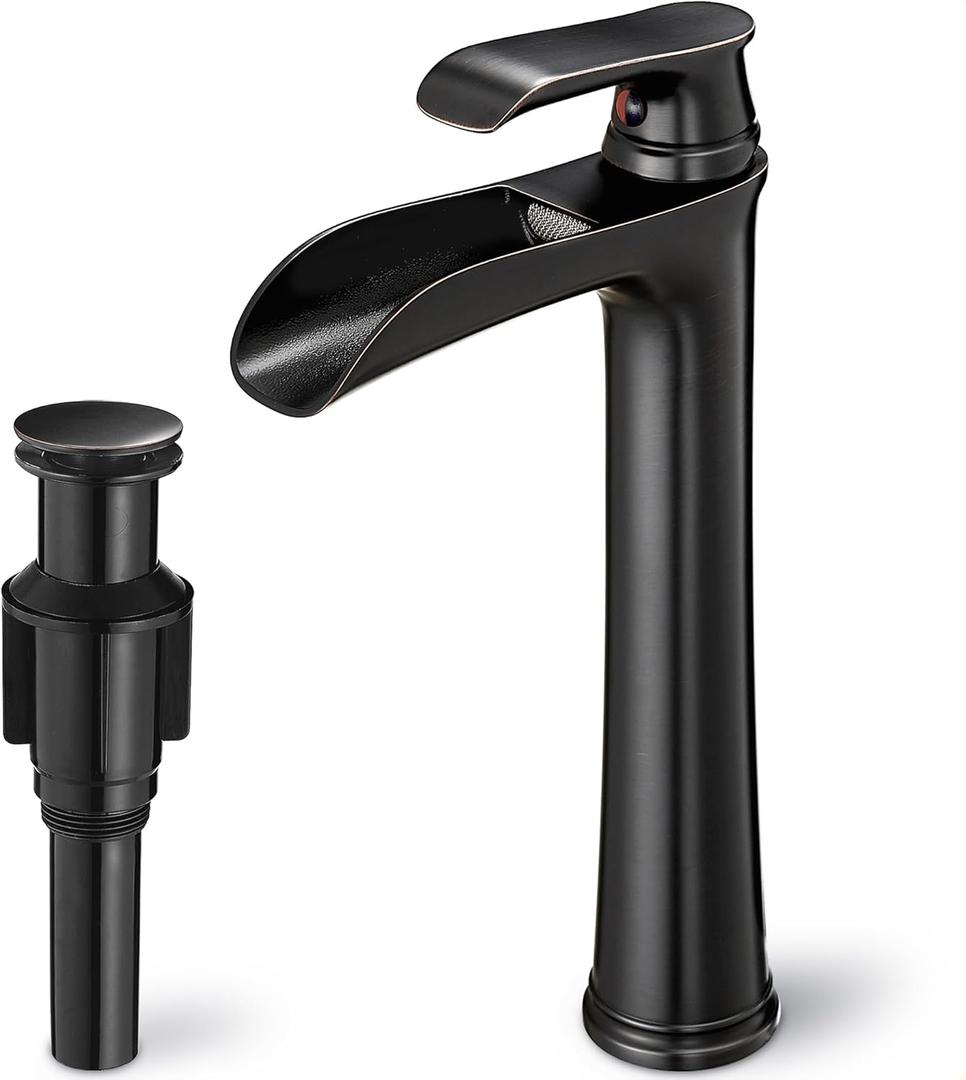 Vintage Oil Rubbed Bronze Waterfall Faucet for Bathroom Sink - Single Handle, 11 Inches Tall, 3-Layer Metal Filter, Anti-rust Brass Body, Easy Installation