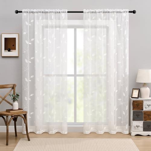 White Embroidered Sheer Curtains 96 Inches Long Leaf Pattern Sheer Curtains for Living Room Bedroom Light Filtering Rod Pocket Natural Botanical Floral Voile Linen Texture Drapes, 2 Panels Set, 50x96