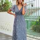 Women's Summer Casual Midi Dress Short Sleeve Smocked Floral Dress Elastic Waist V Neck Wedding Guest Dresses (Blue, M)