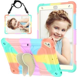 for iPad 9th 8th 7th Generation Case for Kids Girl with Pencil Holder, for iPad 10.2 Case with Butterfly Stand Shoulder Strap Shockproof Protective Cover, Multicolor (Colorful)