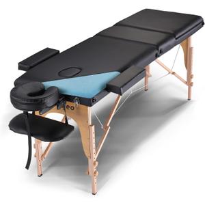 Portable Massage Table Massage Bed Professional SPA Reiki Eyelash Salon Bed, Wooden Frame Height Adjustment & Accessories, Black (3-Section), Onesize