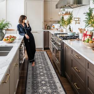 Hallway Washable Runner Rug - 2'6x12 Kitchen Rugs Entryway Rug Runner Vintage Soft Floor Mat Non Slip Indoor Farmhouse Carpet for Bathroom Living Room Bedroom (2'6''x12', Black)