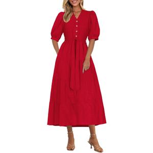 PRETTYGARDEN Summer Dresses for Women 2026 Elegant Classy Short Sleeve V Neck Ruffle A Line Belted Long Beach Vacation Dress (Red, M)