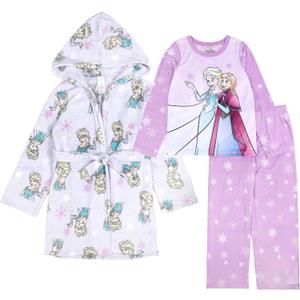 Disney Girls' 3-piece Bathrobe & Loose-fit Pajama Set, Soft & Cute for Kids (4T, Frozen Sisters)