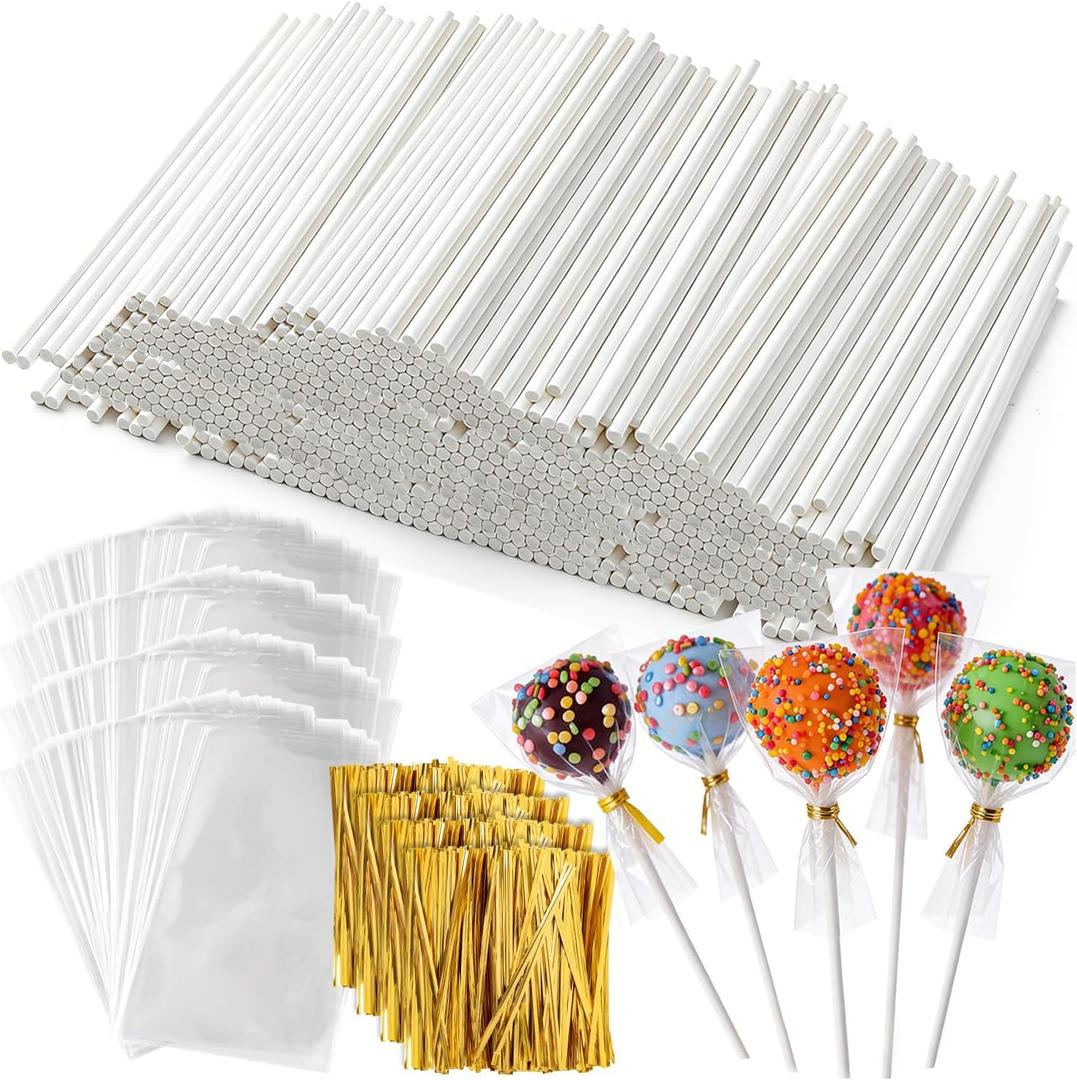 1200Pcs White Lollipop Sticks, 6IN Cake Pop Sticks with Clear Treat Bags & Gold Twist Ties for Candy Making Accessories