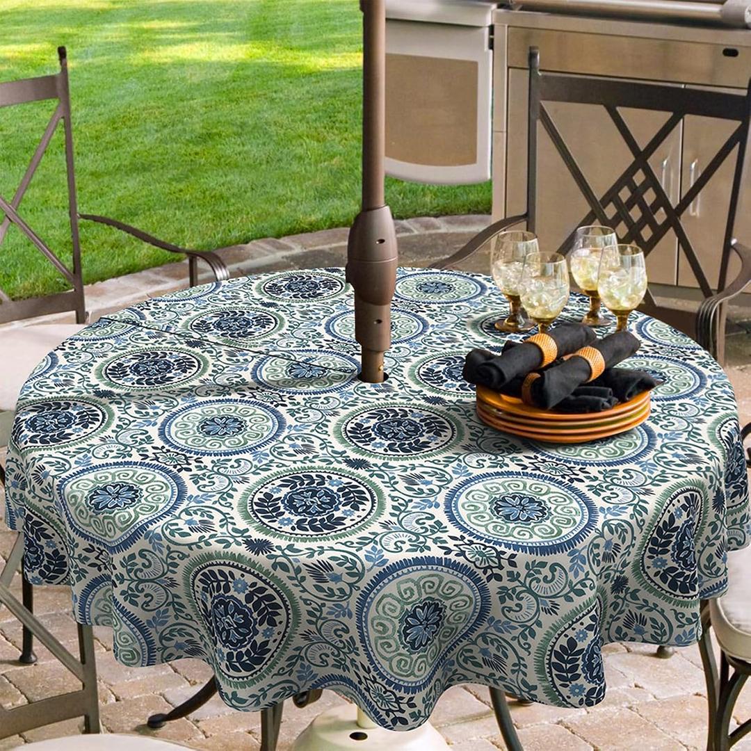 Outdoor/Indoor Round Tablecloth with Umbrella Hole Zipper, Decorative Circular Table Cover for Home Garden, 60 Inch, Celadon Wreath
