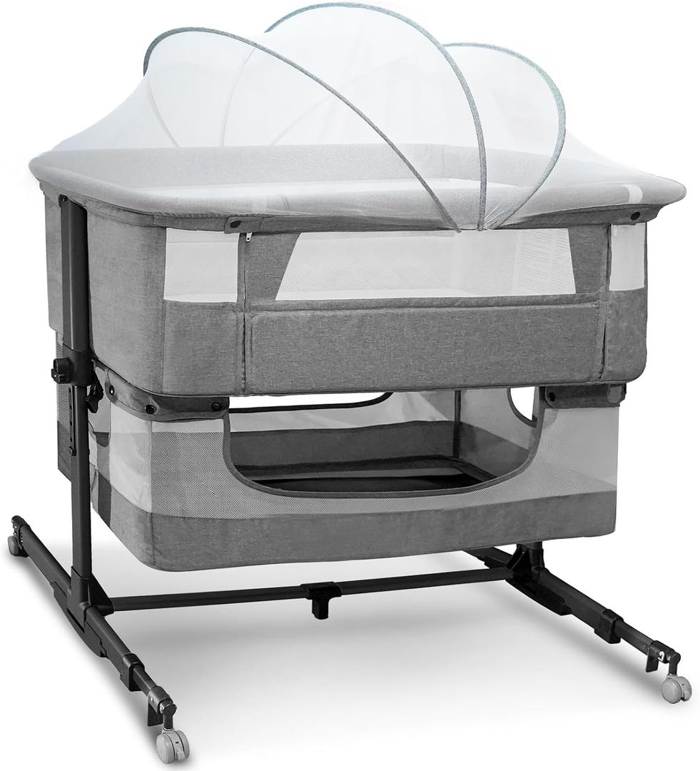 Baby Bassinet, 3 in 1 Bedside Sleeper with Mattress and Mesh Sides, Mosquito Net, Storage Basket, with Rocking Function, 5-Height Adjustable, Easy Assemble Crib for Newborn, Gray
