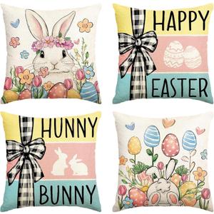 Easter Pillow Covers 18x18 set of 4,Vintage Decorative Eggs Bunny Throw Pillow Covers Retro Linen Pillowcases, Spring Holiday Home Decor Farmhouse Sofa Cushion Living Room Bedroom Happy Easter Gifts