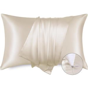 Bedsure Satin Pillowcase for Hair - Beige Satin Pillow Cases Standard Size with Zipper 2 Pack, Similar to Silk Pillow Cases for Skin, Silky & Soft, Gifts for Women Men, 20x26 Inches (Standard (20" x 26"), 01 - Beige - Zipper)