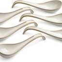 LYEOBOH Asian Soup Spoons, 6.5 inch Ceramic Soup Spoon Set of 6, Dinner Spoons with Deep Hook for Home, Kitchen, Dishwasher & Microwave Safe, Farmhouse Style, Beige