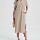 Women's Polo V Neck Midi Dress Short Sleeve RIC Rac Loose Split Long Shirt Dress Khaki (XL)