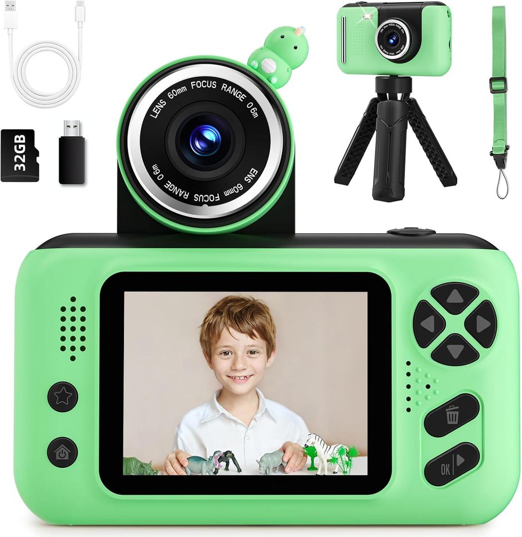 Makolle Kids Camera, Birthday Gifts for Boys and Girls Age 3-8, Video Recorder for Kids 8-12, Childrens Digital Camcorder for vlogging Portable Kids Selfie Camera with 32GB SD Card Green