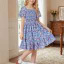 Cubear Ruffle Sleeve Dress for Girls Floral Short-Sleeves Smocked A-Line Dresses Kids Midi Casual Summer Spring Sundress (Blue)