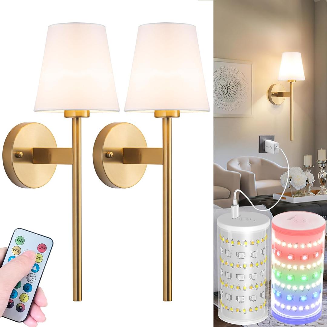 Battery Operated Wall Sconces Set Of 2, Wireless Battery Wall Light With 10000mAh RGB Rechargeable Magnetic Bulb, Rechargeable Wall Sconce With Remote Control For Bedroom, No Electrician Required