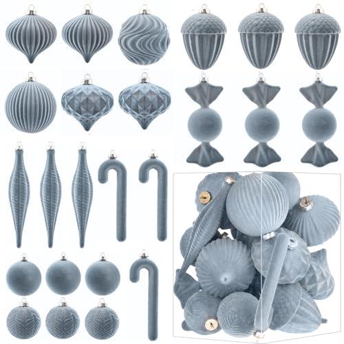 Velvet Ornaments for Christmas Tree Decorations - Dusty Blue Flocked Christmas Ornament Set for Winter Holiday Decor - Shatterproof Xmas Balls Ornaments Bulk - Pack of 12