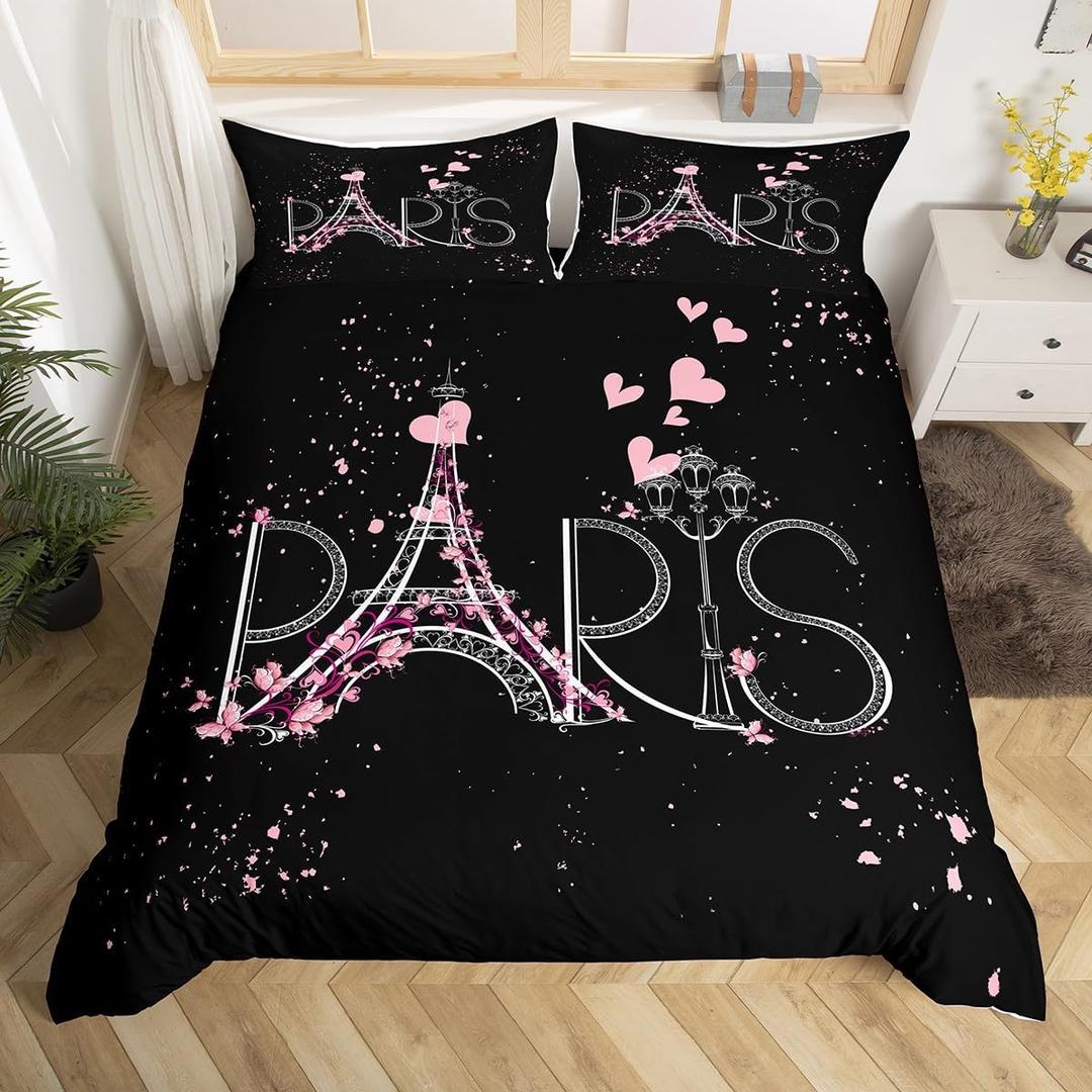 Feelyou Paris Comforter Cover Set King Size Eiffel Tower Bedding Set Kids Girls Black Pink Chic Paris Bedroom Decor Duvet Cover Boys Women Romantic Modern French Bed with 2 Pillow Case (No Comforter)