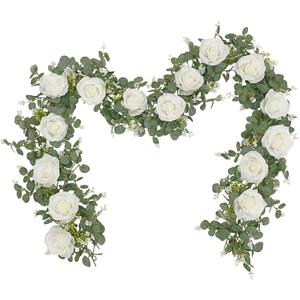 Dolicer 2Pcs 13Ft Artificial Eucalyptus Garlands with Flowers - 8 Roses, Faux Floral Greenery Garlands Fake Flowers Vines for Wedding Table Centerpieces Arch Party Ceremony Backdrop Decor (White)